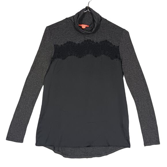 Joe Fresh Blouse Size Small Black and Gray High Neck Long Sleeve Lace and Satin - Picture 2 of 10